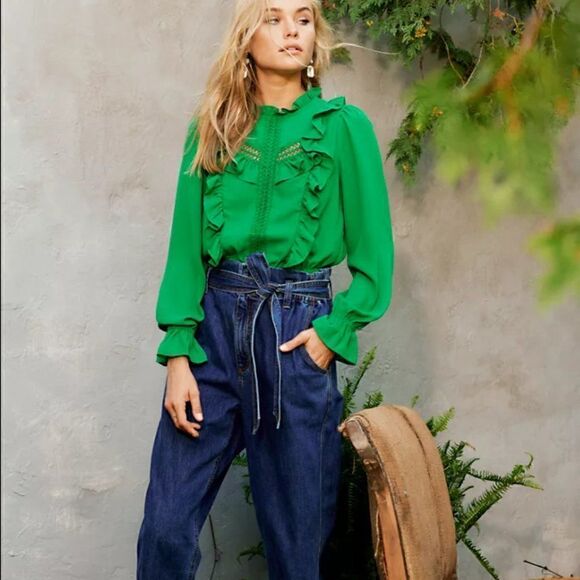 NWT Kelly Green Victorian Boho Ruffle Recycled Polyester Blouse - Picture 3 of 15